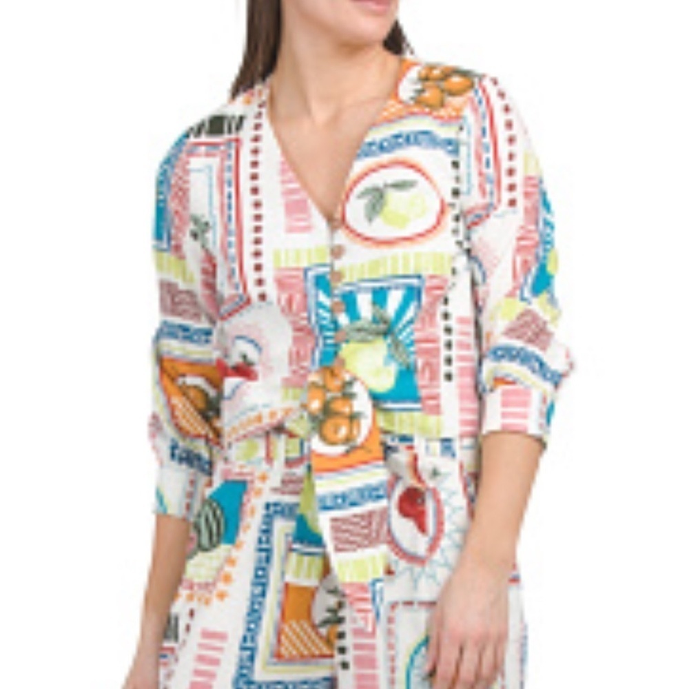 JOSIE PICKNICK Fruit line front tie woman lagonlook bohemian summer top NWT L